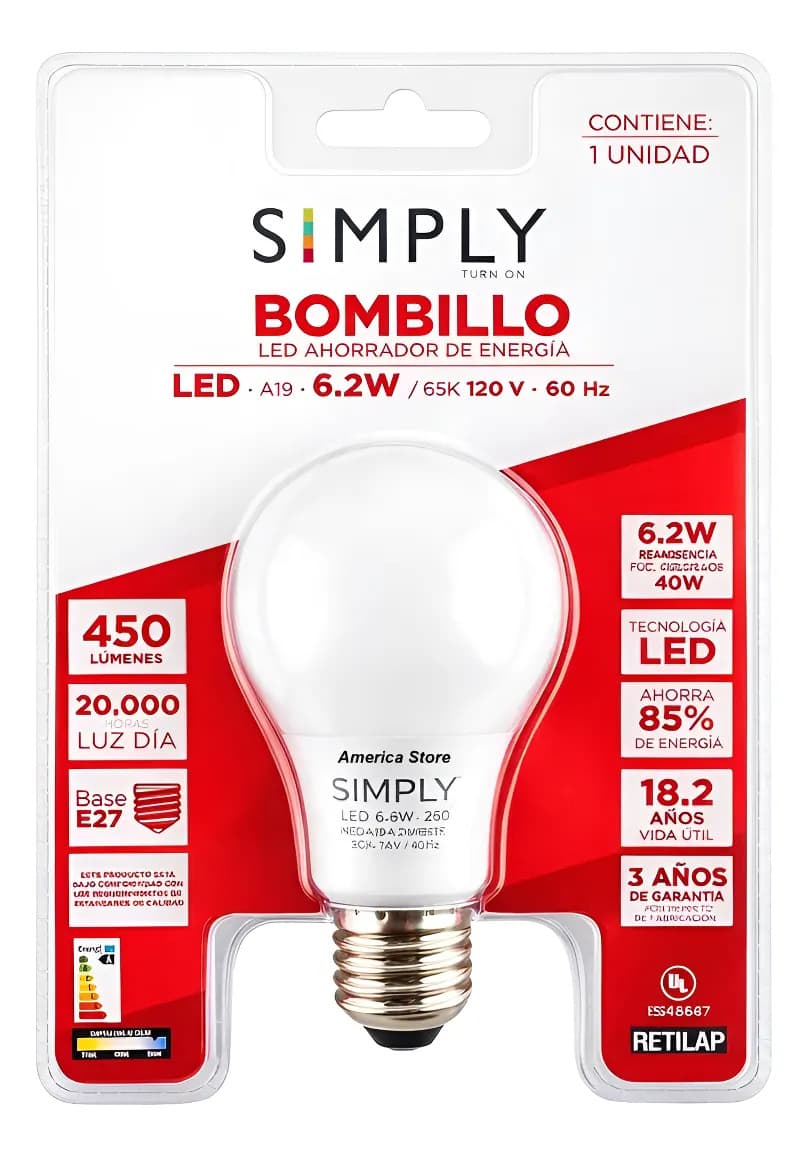 Bombillo LED Ahorrador Simply 6.2W Luz Día E27 450lm