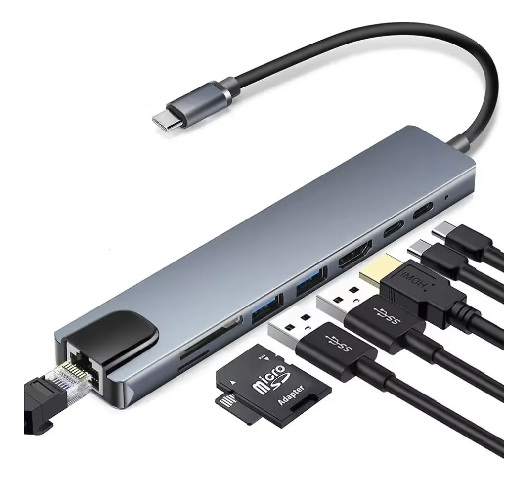 Adaptador Multipuerto Tipo C 8 En 1 Usb C Hdmi Lan Usb Sd/tf