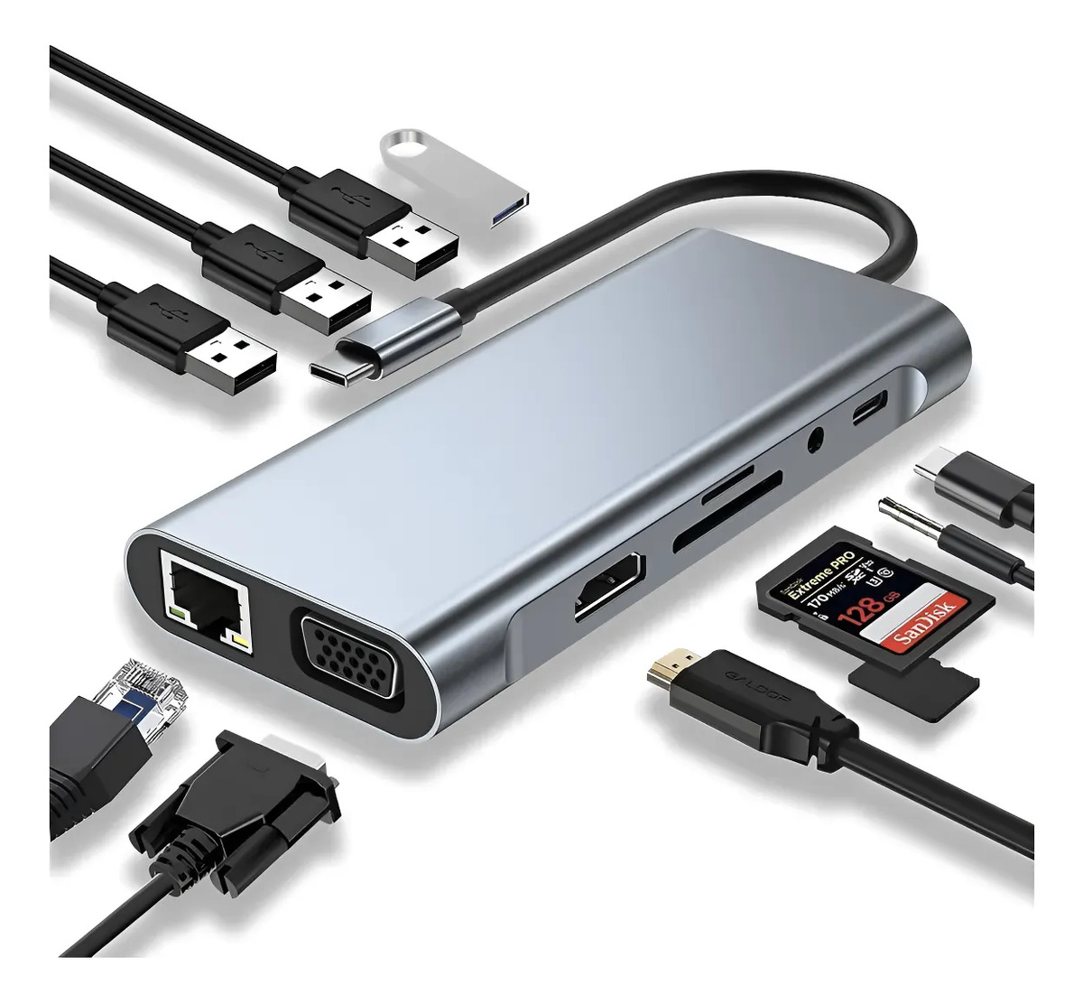 Hub Usb C 11 En 1 Hdmi 4k Vga Rj45 Usb 3.0 Sd Tf Usb C Pd